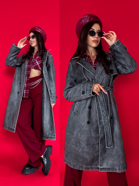 "RECORD OX88" leather imitation trench coat - GRAPHITE GREY
